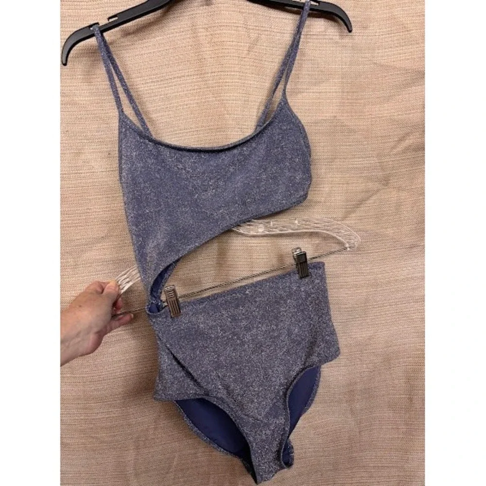 Aerie Womens‎ Metallic Blue Shimmer Side Cutout One Piece Cheeky Swimsuit S Long